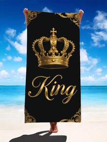 1pc Extra Large Black Gold King Crown Vintage Embossed Beach Towel - Available In Multiple Sizes. Features: Quick-Drying, Soft, Portable, Fashionable, Sand-Proof, Super Absorbent, Made Of Microfiber. Styles: Bohemian, Tropical, Vintage, Humorous, Yoga, Picnic, UV Protection. Ideal For Beach, Pool And Outdoor Activities; Essential Travel Accessory For Camping, Yoga, Gym, Sports And Swimming. Suitable For Both Men And Women. - Crown - View 2