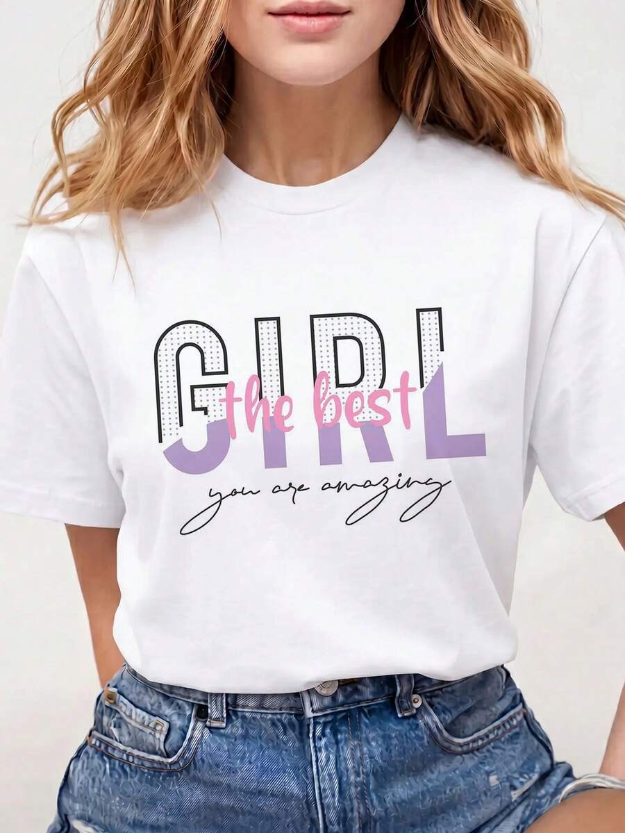 Women's White Graphic Print Short Sleeve Round Neck Casual T-Shirt, Drop Shoulder Regular Length Tee with Positive Saying, Medium Stretch Fabric Top - Blanco - Ver 1