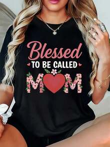 Camiseta de estilo bohemio para mujer Afortunada de ser madre - Suave, holgada, de cuello redondo y manga corta, con estampado de la palabra Mamá y un diseño, adecuada como regalo informal para primavera, verano y otoño, lavable aáquina para uso diario - Camiseta unisex de algodón holgada de manga corta y cuello redondo estilo vintage urbano. - Negro - Ver 1