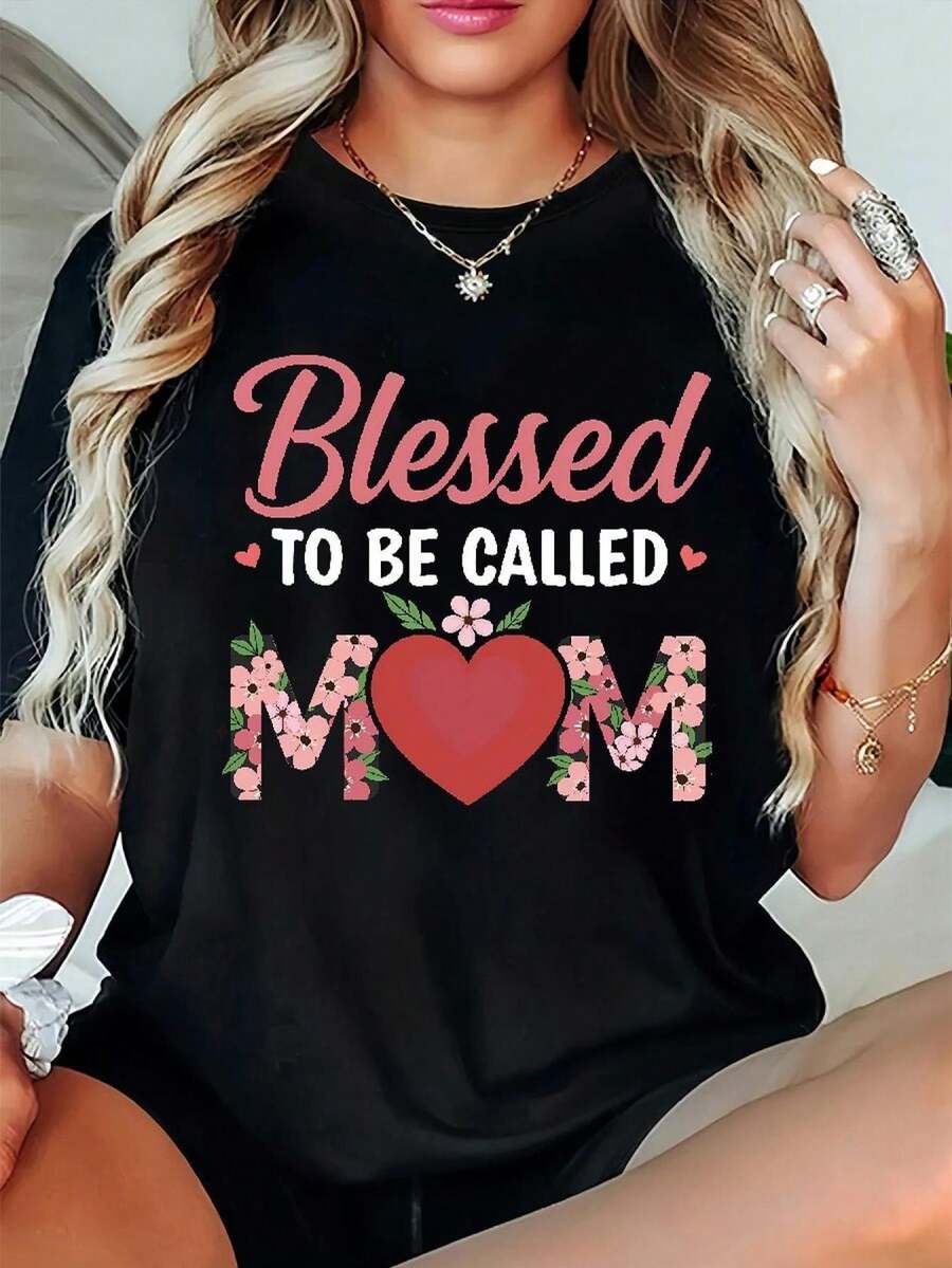 Camiseta de estilo bohemio para mujer Afortunada de ser madre - Suave, holgada, de cuello redondo y manga corta, con estampado de la palabra Mamá y un diseño, adecuada como regalo informal para primavera, verano y otoño, lavable aáquina para uso diario - Camiseta unisex de algodón holgada de manga corta y cuello redondo estilo vintage urbano. - Negro - Ver 1