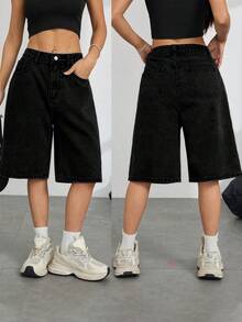 Women's Solid Color Denim Bermuda Shorts Casual Black Summer - Black - View 5