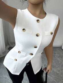 ajustado de estilo francés minimalista, versátil y cómodo con abertura frontal, adelgazante, blazer de verano para mujer de talla grande de tejido tejido elegante y sofisticado - Blanco - Ver 6