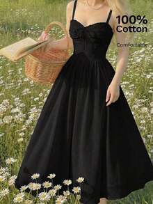 MOD Vestido de longitud media con cordón ajustable de unicolor para mujer - Negro - Ver 1