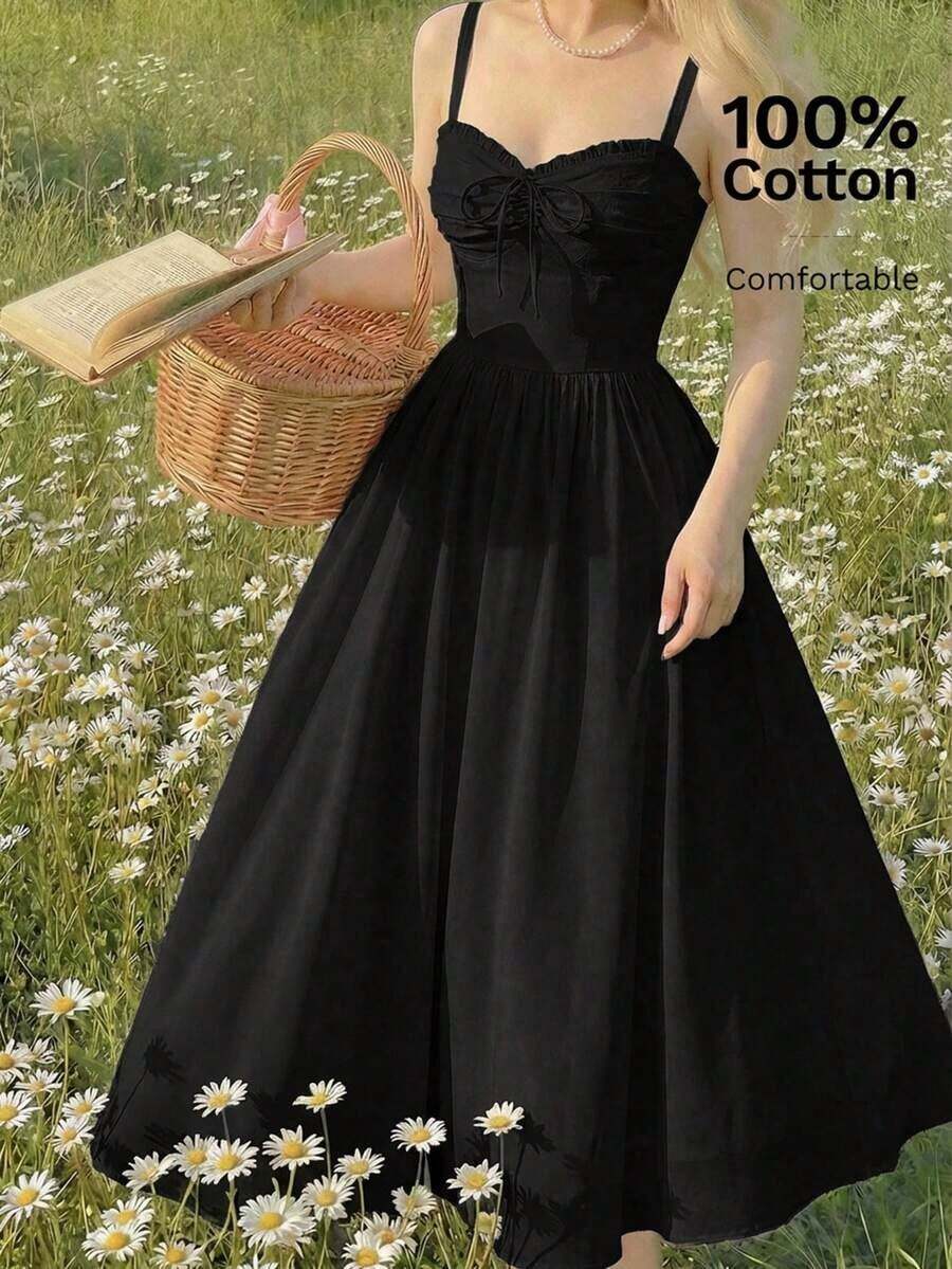 MOD Vestido de longitud media con cordón ajustable de unicolor para mujer - Negro - Ver 1
