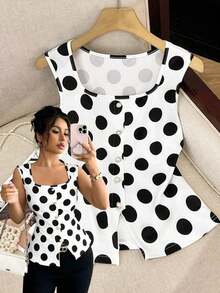 Blusa sin mangas elegante y casual para uso diario, citas y cenas, con botones de perla y diseño de lunares, primavera/verano - Multicolor - Ver 8