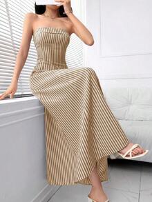 Vestido largo elegante sin tirantes con cremallera en la espalda a rayas para mujer, uso diario casual - Caqui - Ver 6