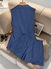 Conjunto de 2 piezas: Elegante chaleco sin mangas y pantalones cortos - Agua verde azul - Ver 2