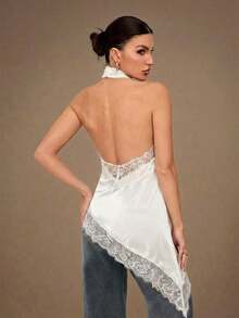 2026 Tall Backless Camisole Top With Elegant Lace Trim, Sexy Patchy Satin Sleeveless Blouse For Parties, Cocktails, Formal Occasions, Christmas, Business Casual - 軍綠色 - 查看 2