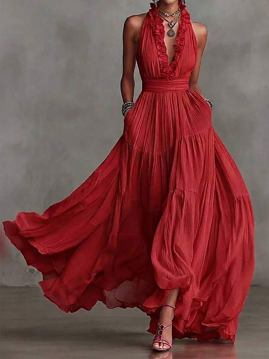 Vestido largo de fiesta maxi para mujer con escote en V profundo, mangas con volantes, corte en A y capas escalonadas. - Rojo - Ver 1