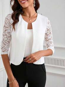 Chaqueta corta elegante de mujer con parches de encaje, frente abierto y mangas 3/4 para primavera y verano, y otoño/invierno - Blanco - Ver 3