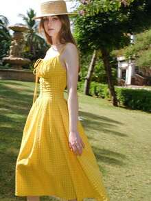 casual de verano elegante para mujer con tirantes anchos y lazo delantero a cuadros - Amarillo - Ver 5