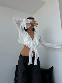 SQUALO Ruffle Detail Tie-Front Crop Blouse - White - View 4