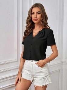 Blusa casual de mujer de unicolor con cuello en V y manga corta - Negro - Ver 3