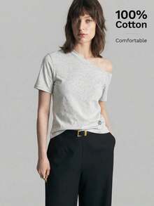 Camiseta de mujer de manga corta y hombro asimétrico, primavera/verano 2026.Camiseta casual urbana elegante con cuello asimétrico, adecuada para oficina, maestros, invitados de boda, vacaciones, casual de negocios, versátil - Gris - Ver 6