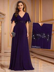 Elegante vestido de dama de honor de gasa con cuello en V, mangas con volantes bordados y plisados, vestido de noche formal para invitados de boda - Morado - Ver 1