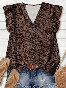 Blusa casual con estampado de hojas para mujer, azul marino, adecuada para el verano - Multicolor 3 - Ver 1