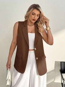 de mujer para verano y otoño, ropa de mujer de negocios, ropa de moda casual para ir y venir, ropa de vacaciones, ropa de oficina, ropa casual de negocios, ropa de orgullo, ropa de talla grande, blazer sin mangas de un solo pecho de unicolor, - Marrón - Ver 3