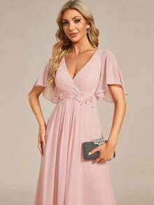 Elegante vestido de dama de honor de gasa con cuello en V, mangas con volantes bordados y plisados, vestido de noche formal para invitados de boda - Rosa 3 - Ver 7