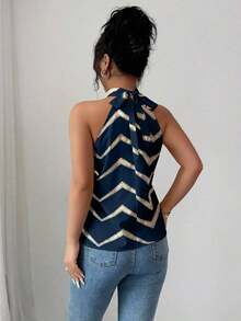 Blusa elegante y casual con estampado, de hombros descubiertos y sin mangas para mujer - Azul marino - Ver 2