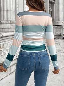 Camiseta de manga larga con cuello cuadrado y contraste de color, adecuada para el otoño, de uso casual - Multicolor - Ver 2