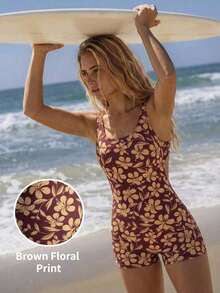 Traje de baño de una pieza con estampado floral retro y bloques de color con diseño sin espalda, de moda para el verano - Multicolor 4 - Ver 2