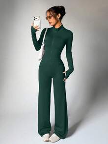 Purple Zipper Fitted Long Sleeve Top + Loose Wide Leg Pants 2pcs Yoga Outfit Sports - Dark Green - View 2