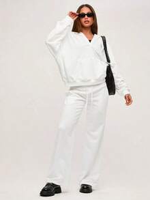 Pantalón de chándal de pierna ancha y cintura baja de unicolor de punto para mujer - Blanco - Ver 4