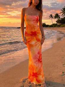 Women's Elegant Hawaiian Floral Print Backless Dress, Summer Vacation Outfit, Beach Dress, Women's Beach Resort Wear, Bohemian Tropical Resort Wear Spring Open Back Summer Dress Orange Beach Dress - 橘色 6 - 查看 1