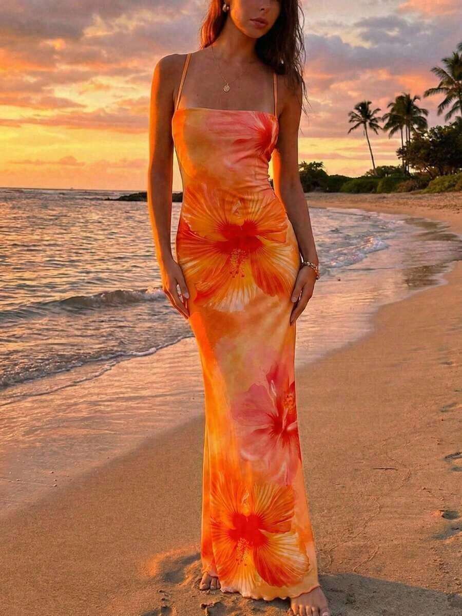 Women's Elegant Hawaiian Floral Print Backless Dress, Summer Vacation Outfit, Beach Dress, Women's Beach Resort Wear, Bohemian Tropical Resort Wear Spring Open Back Summer Dress Orange Beach Dress - 橘色 6 - 查看 1