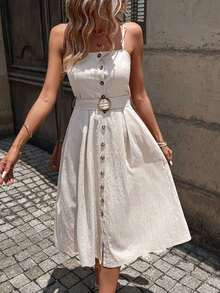 Women's Long Dress With Panels And Belt - 黑色 - 查看 8