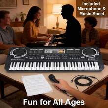 Curear 61-Key Full-Size Electric Keyboard, Compact Lightweight Design With Microphone & Music Sheet, Musical Instrument For Home Performance - Black and White - View 8