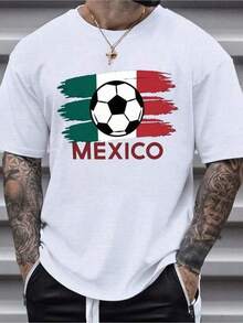 1 Camiseta de manga corta para hombre de algodón, color liso, con letras inglesas, bandera de México y balón de fútbol estampado, cuello redondo, ideal para uso diario, salidas, ocio, deportes, viajes escolares, reuniones familiares y otras ocasiones. Camiseta de manga corta, camiseta de verano, múltiples camisetas se pueden regalar como obsequio a familiares. Estilo Y2k de los 2000. - Negro - Ver 6