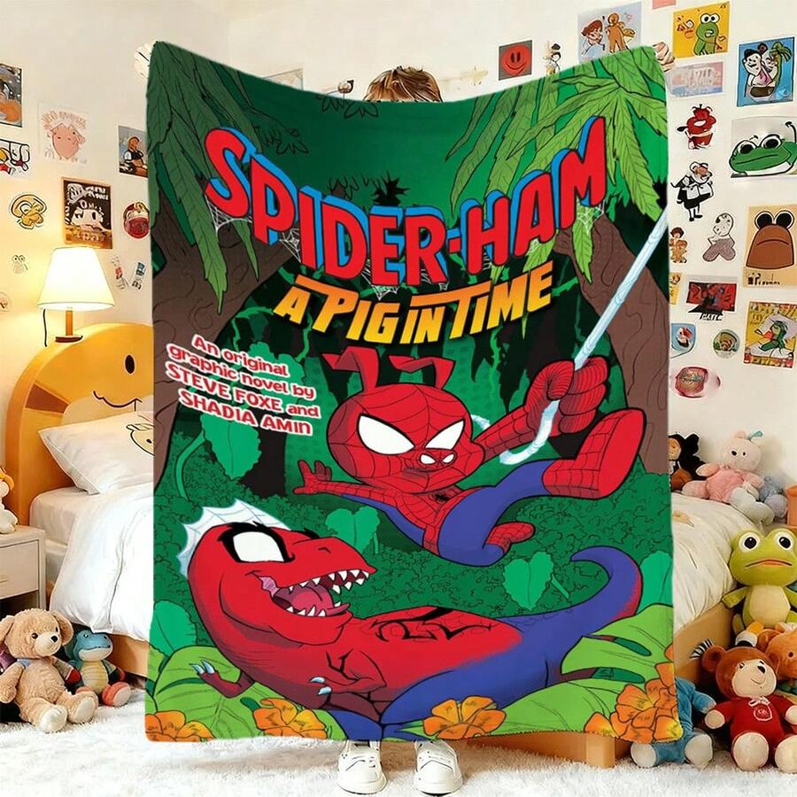Manta con estampado de S pider-Man (1 unidad), estilo retro de dibujos animados, manta estampada con personajes de dibujos animados, manta universal para siestas para todas las estaciones, manta decorativa para el hogar con personajes, regalo moderno y elegante, ideal para el hogar, dormitorio, cama, sofá, oficina, para la hora del almuerzo o picnic. - Multicolor - Ver 1