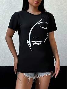 Women's Short Sleeve T-Shirt With Face Print, Soft Round Neck Casual Summer Style - 黑色 - 查看 3