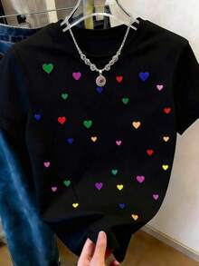 Camisetas Para Mujer AlgodónTshirt única con diseño de corazones multicolores estilo y2k ideal para quienes aman la moda contemporánea destaca por su originalidad y frescura disponible en talla única perfecta para combinar con cualquier atuendo casual y hacer una declaración de estilo en cada ocasión mundial 2026 - Negro - Ver 6