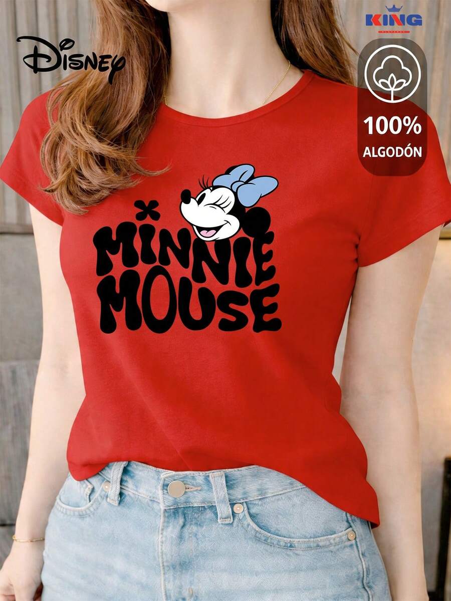 Playera para Dama 100% algodón de excelente calidad, esta playera garantiza una suavidad excepcional al tacto, cuello redondo con estampado "Disney Minnie Mouse Retro Smile" y manga corta - Rojo - Ver 1