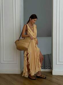 Vestido largo estilo bohemio sin mangas con escote en V profundo y volantes, dobladillo asimétrico, corte en A. - Caqui - Ver 1