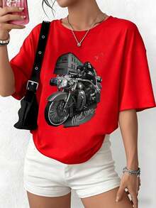100% Cotton. Classic Motorcycle With A Brave Woman In Front Of A Bank Symbolizing Freedom, Power, And Urban Rebellion. Women's 100% Cotton T-Shirt, Soft And Comfortable For Everyday Wear. Women's Simple Solid Color T-Shirt, Loose And Slim Fit Casual Short Sleeve - 紅色的 - 查看 10