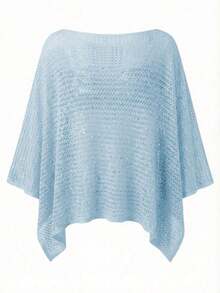 Elegante top de mujer de primavera/verano, de punto rosa, con cuello redondo, sólido, semitransparente, con capucha y detalles de lentejuelas calados, para uso casual, vacaciones y playa - azul claro - Ver 8