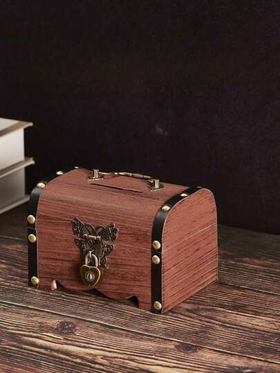 1Pc Vintage Wood Treasure Chest Wooden Jewelry Box Lockable Retro Money Saving Container Trinket Organizer