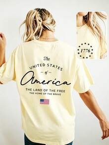 Women's Double-Sided "The United States Of America" Print Oversized 180G Casual Summer Tops, Graphic Tees, Patriotic Crewneck T-Shirt For 4th Of July - 淡黃色 - 查看 1