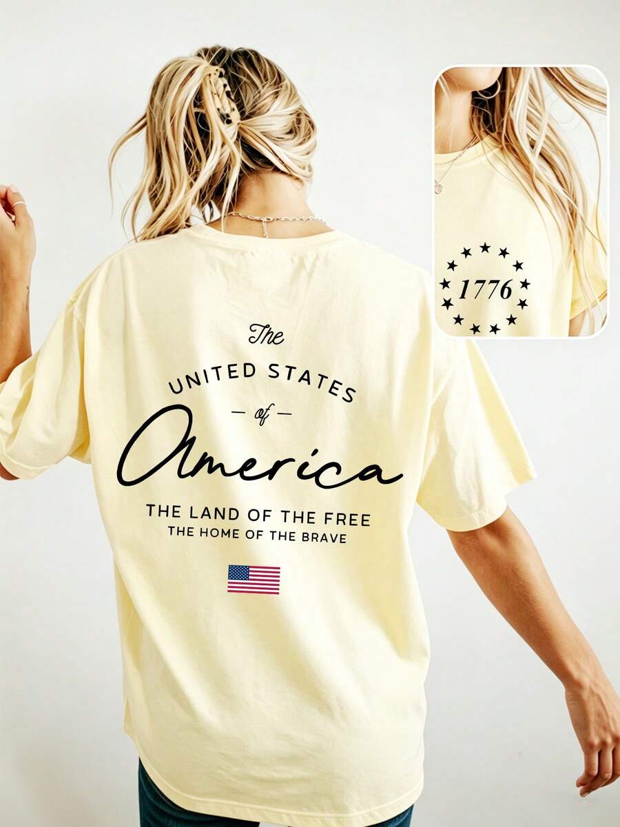 Women's Double-Sided "The United States Of America" Print Oversized 180G Casual Summer Tops, Graphic Tees, Patriotic Crewneck T-Shirt For 4th Of July - 淡黃色 - 查看 1