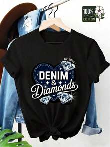 1 pieza de camiseta de mujer de mezclilla con diseño de corazón de diamante y purpurina - Top casual de cuello redondo con letras de pedrería y diseño de diamantes de mezclilla, adecuado para todas las estaciones, ropa casual cómoda, ideal para combinar con jeans y vestidos. Camiseta gráfica de manga corta con cuello redondo para mujer, temática de San Valentín, San Patricio y Pascua, uso diario casual en vacaciones. Camisetas blancas de manga corta para mujer, 180g, 100% algodón. - Negro - Ver 1