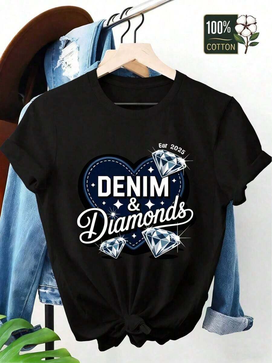 1 pieza de camiseta de mujer de mezclilla con diseño de corazón de diamante y purpurina - Top casual de cuello redondo con letras de pedrería y diseño de diamantes de mezclilla, adecuado para todas las estaciones, ropa casual cómoda, ideal para combinar con jeans y vestidos. Camiseta gráfica de manga corta con cuello redondo para mujer, temática de San Valentín, San Patricio y Pascua, uso diario casual en vacaciones. Camisetas blancas de manga corta para mujer, 180g, 100% algodón. - Negro - Ver 1