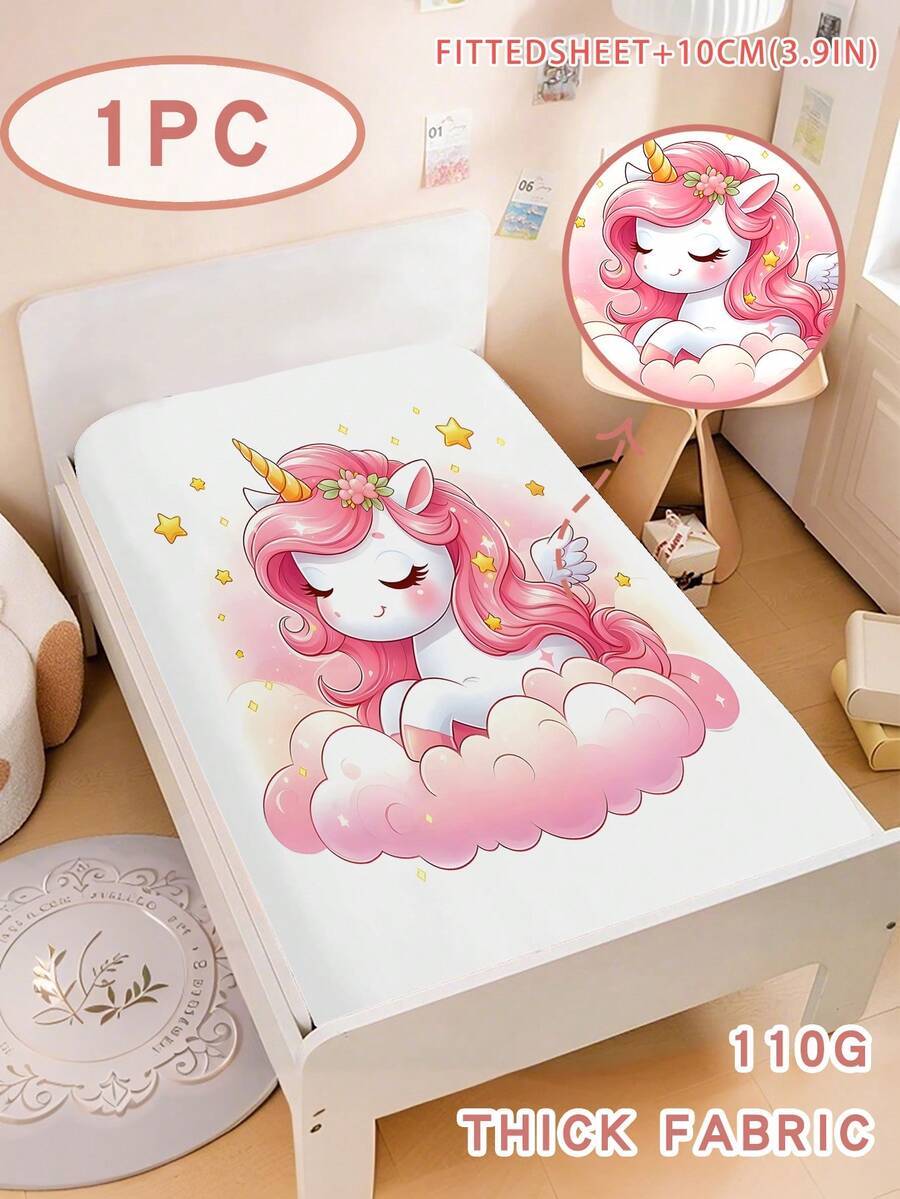 1件装可爱粉色独角兽儿童床单,110克厚柔软面料,云朵星星卡通图案,适合女孩卧室装饰、幼儿床和游戏室。 - 彩色 - 查看 1