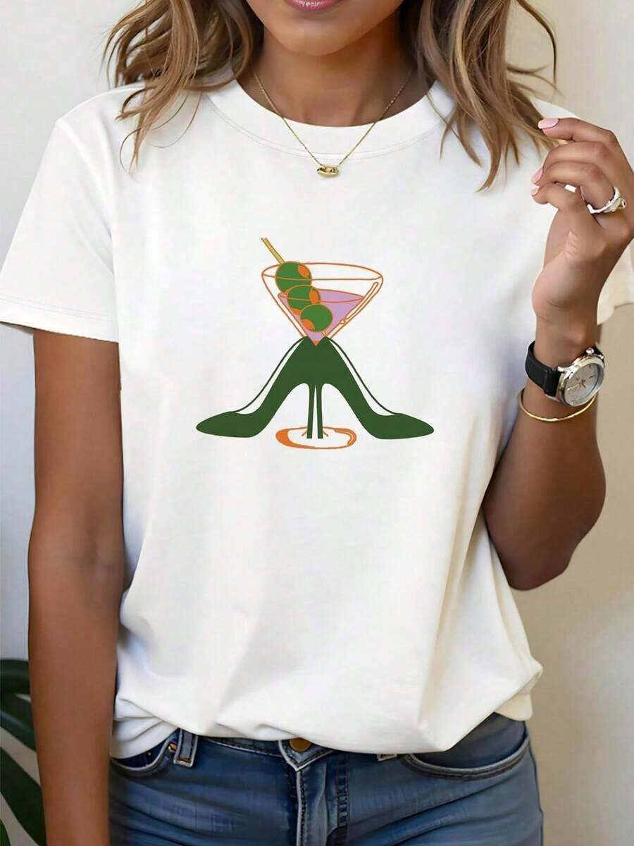 Camiseta de manga corta para mujer con estampado de tacón alto y martini, perfecta para salidas informales, regalos navideños y reuniones durante la primavera y el verano. Camiseta gráfica estampada para mujer, de corte holgado, manga corta, cuello redondo, ligera, transpirable, ideal para el verano. - Blanco - Ver 1