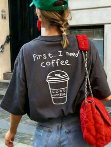 Women's T-Shirt With Graphic Print "First. I Need Coffee." Round Neck And Short Sleeves, Relaxed And Casual Fit, Versatile, Suitable For Everyday Wear And Summer Holidays - 深灰色 - 查看 6