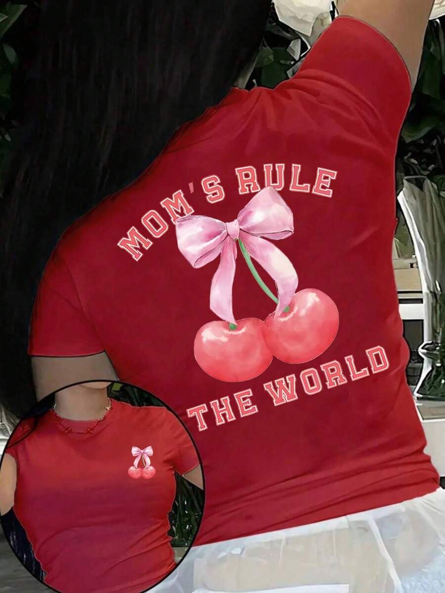 Women's Oversized Red Summer 2026 T-Shirt, Two Designs Available (Mixed Hearts And Cherries With Phrase). Loose-Fitting Youth T-Shirt With Heart And Cherry Prints, To Combine With Leggings Or Skinny Jeans. - YH582-紅色 - 查看 1