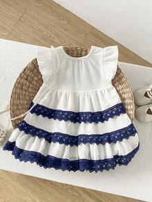 Vestido de princesa para niñas con encaje blanco, vestido de bebé de manga corta de verano con volantes azul marino - Blanco - Ver 2
