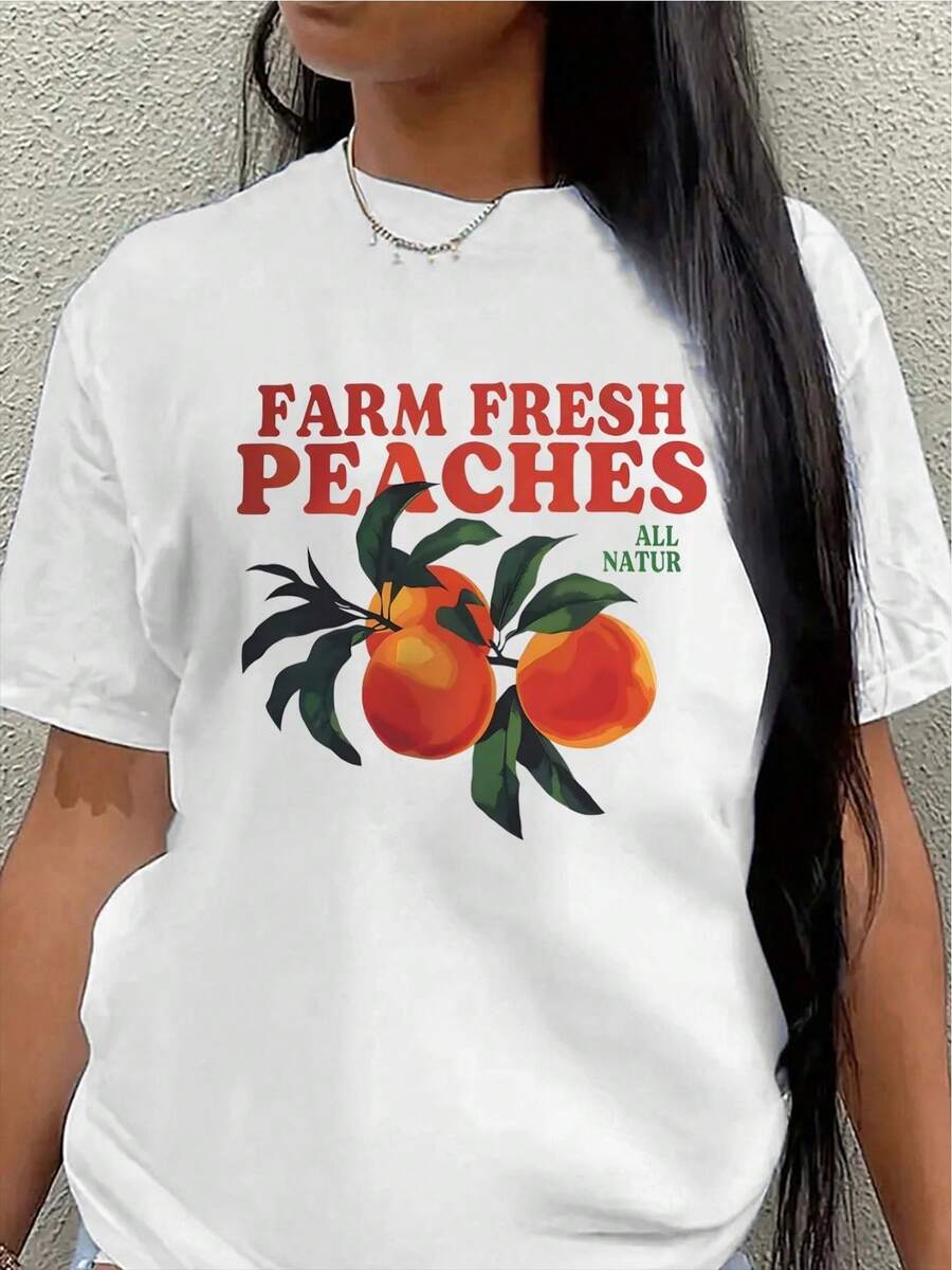 Camiseta ligera de manga corta, estampada con un diseño de melocotones frescos, es perfecta para actividades casuales al aire libre y uso diario. Su diseño es duradero y resistente, lo que la hace ideal para salidas de verano y decoración de cocina.blusas para mujer>ropa - Blanco - Ver 1